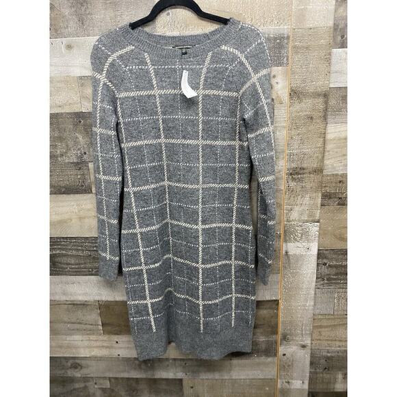 BANANA REPUBLIC Windowpane Sweater Dress Gray White Striped Turtleneck Sz XS NEW - Picture 1 of 7